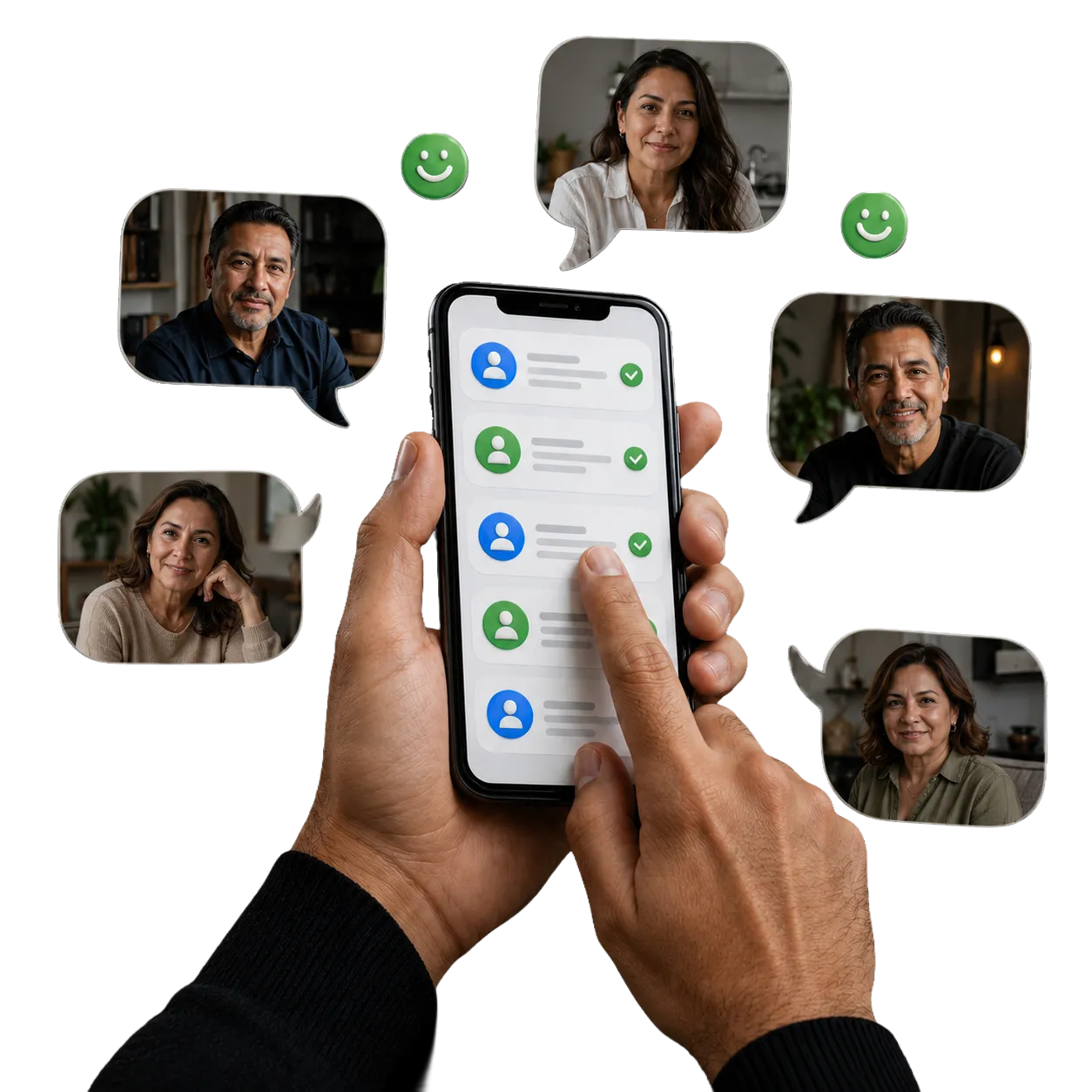Persona compartiendo su código de referido por celular a varios compañeros de trabajo