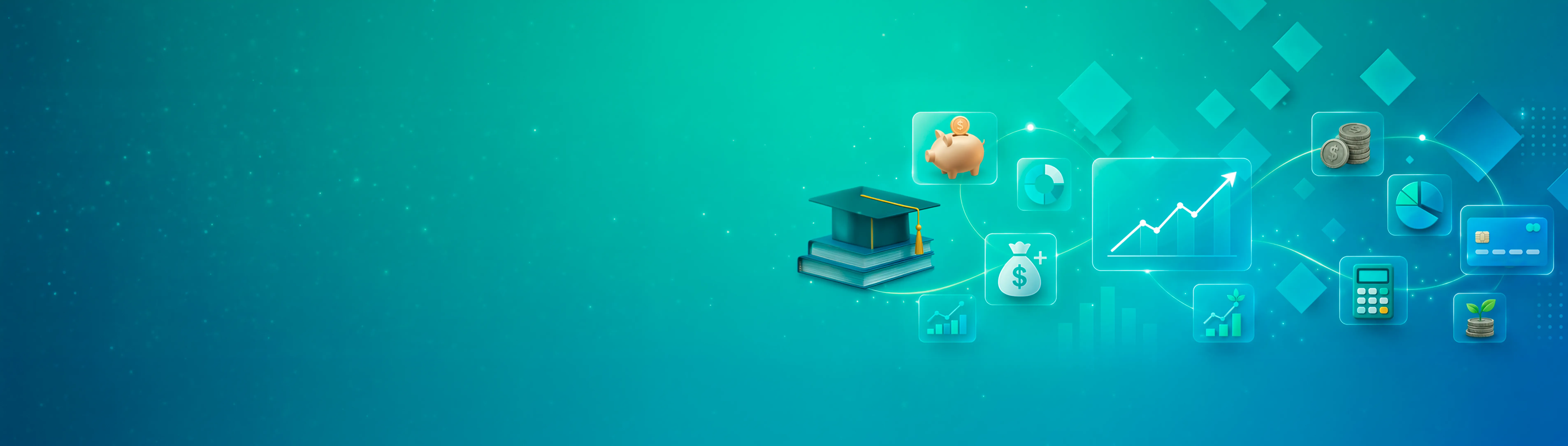 Ilustración de educación financiera: birrete de graduación, libros y gráficas de crecimiento