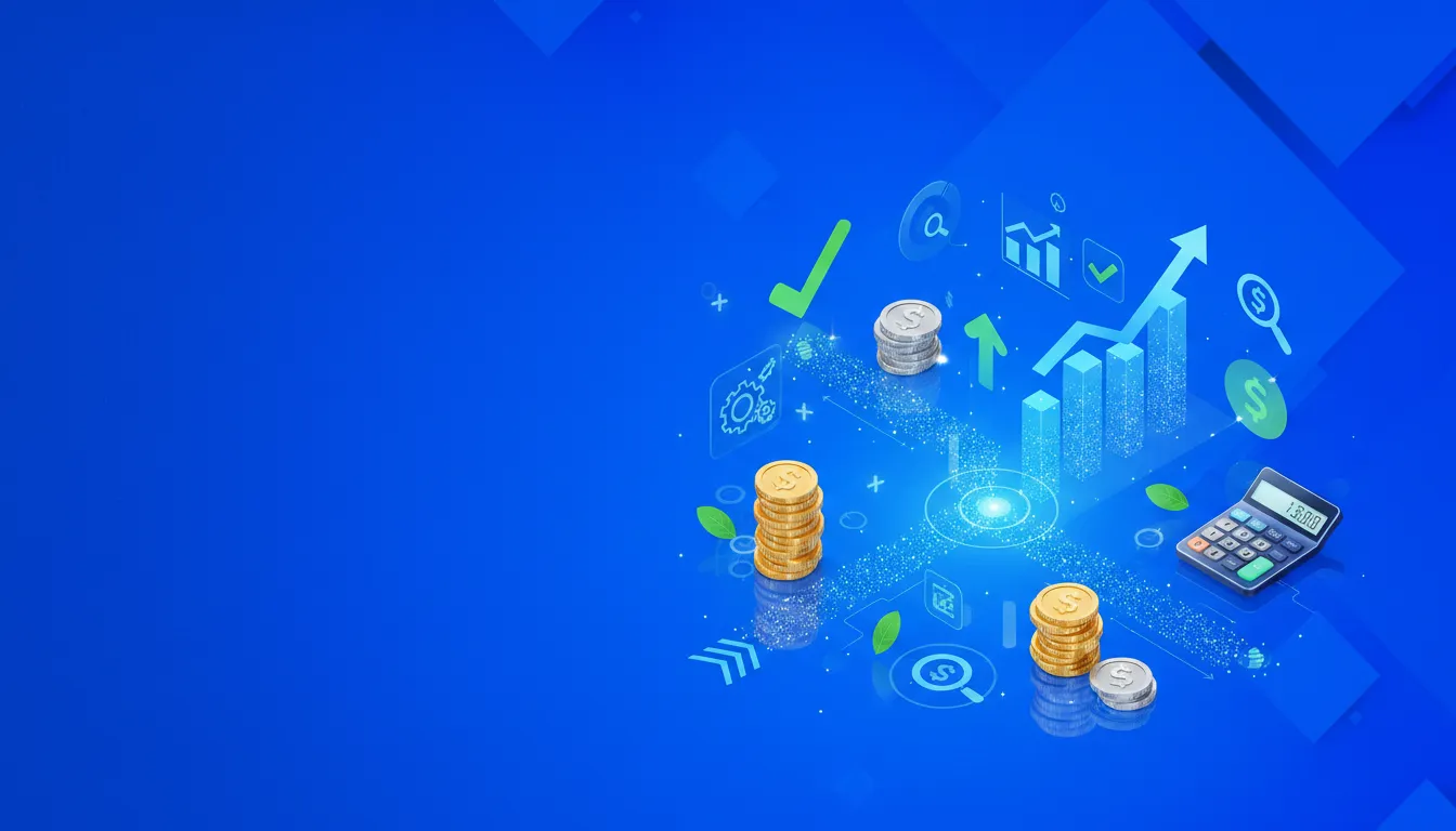 Ilustración de organización financiera: monedas, calculadora y gráficas de control