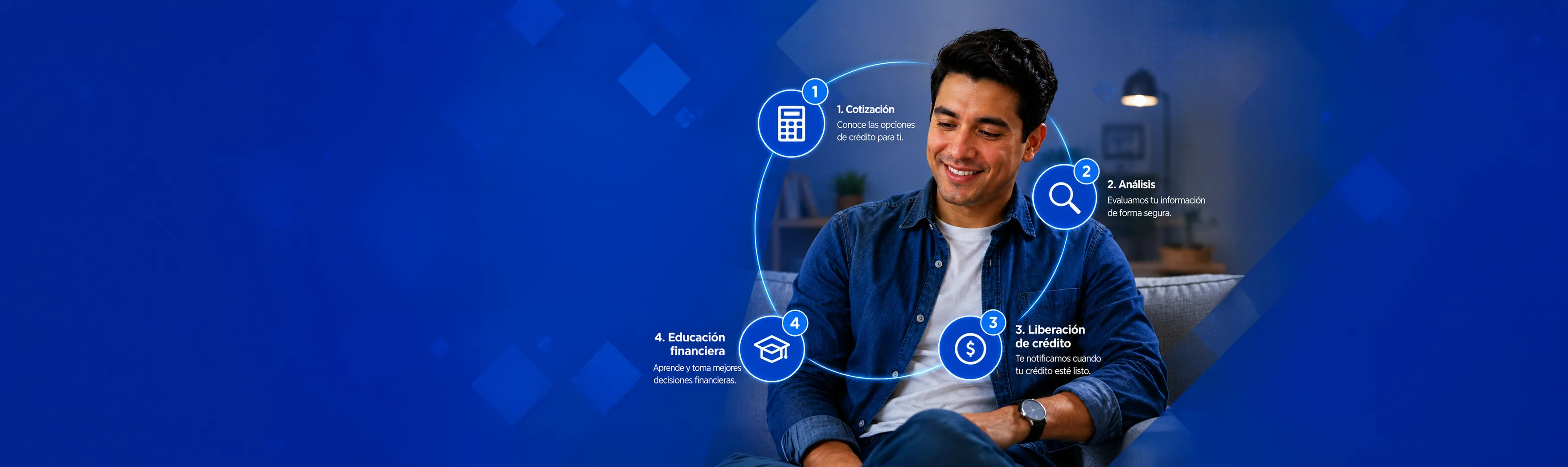 Colaborador sonriendo mientras consulta los 4 pasos del proceso de crédito de Ayúdate en su celular