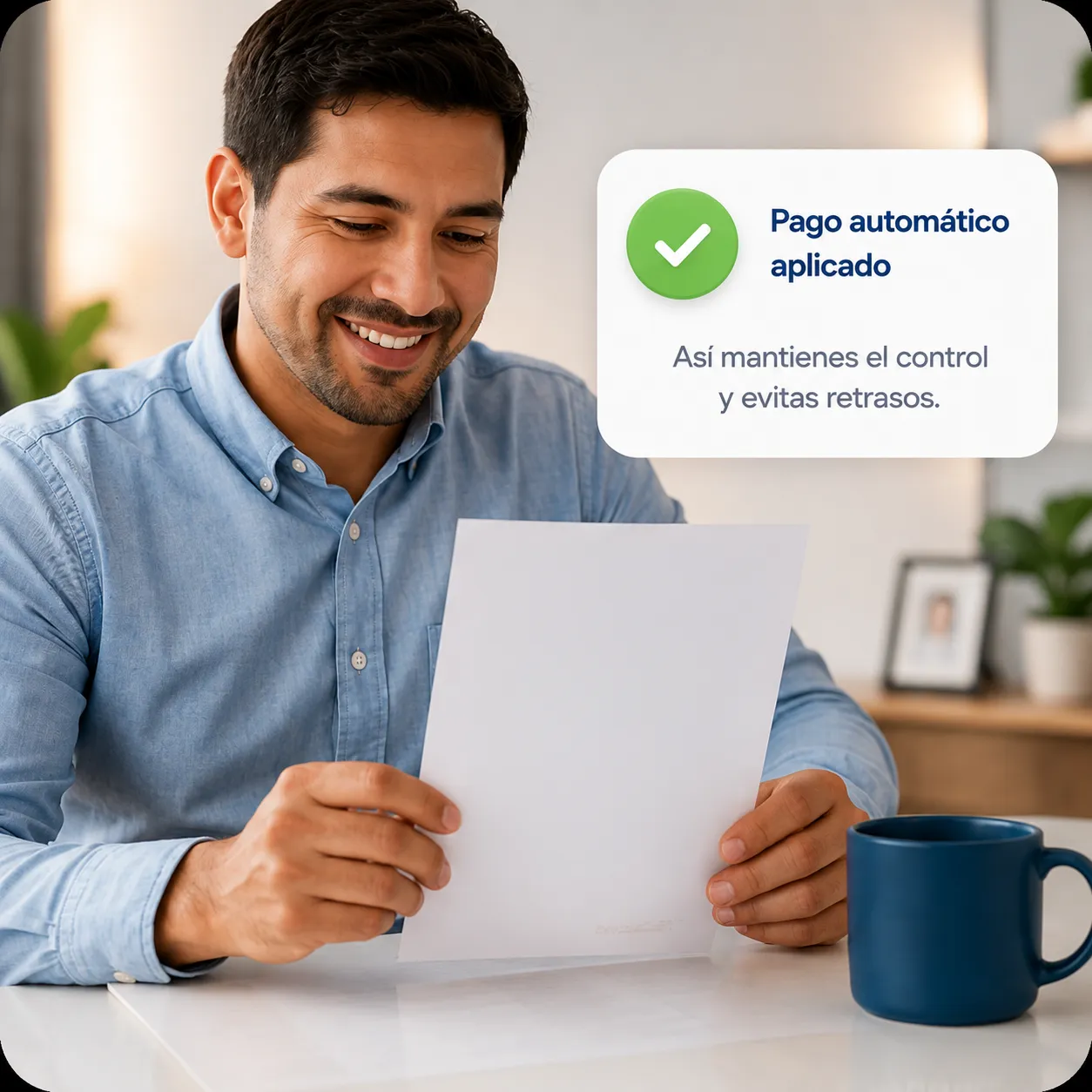 Colaborador leyendo su estado de cuenta impreso, con un aviso de pago automático aplicado con éxito