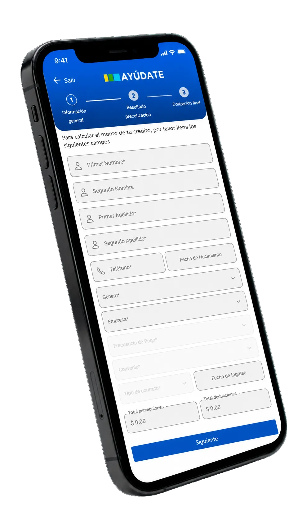 Pantalla de cotización de crédito en la app de Ayúdate