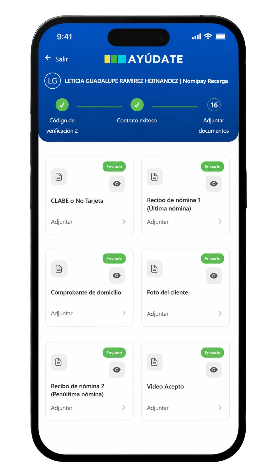 Pantalla de verificación de documentos en la app de Ayúdate