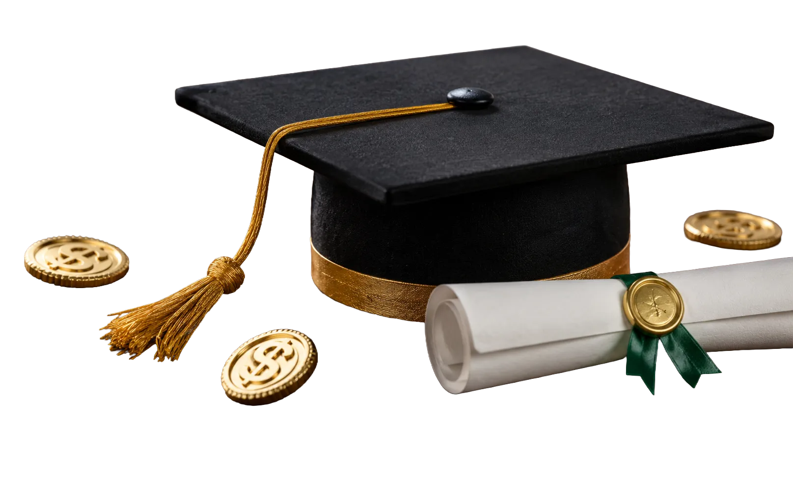 Birrete de graduación, diploma y monedas, representando la educación financiera
