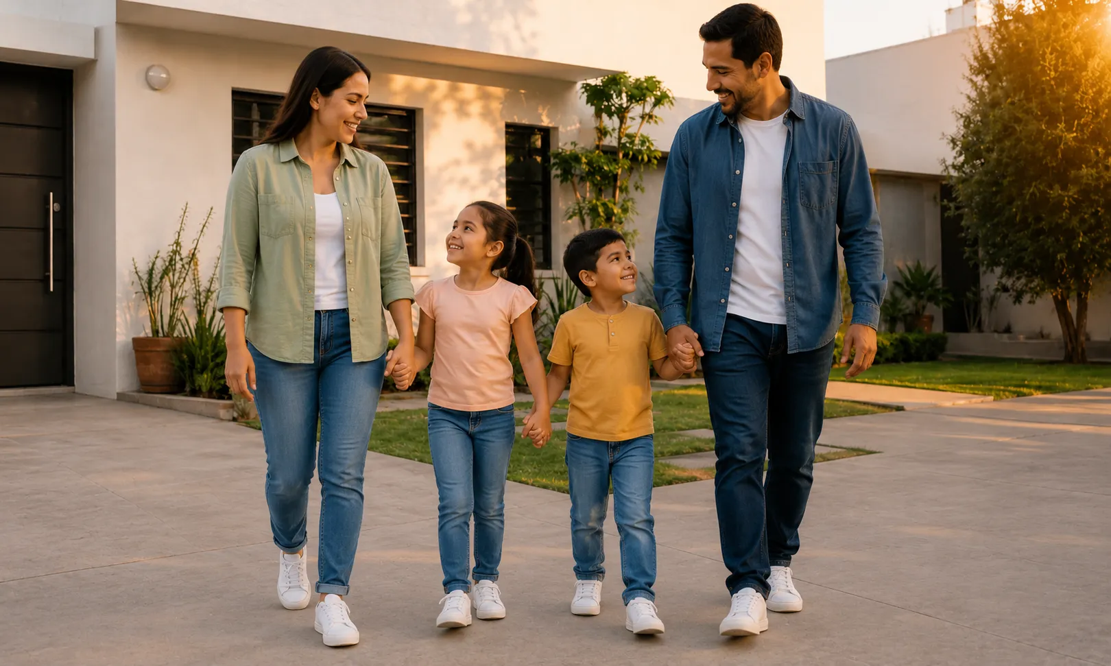 Familia caminando de la mano frente a su casa