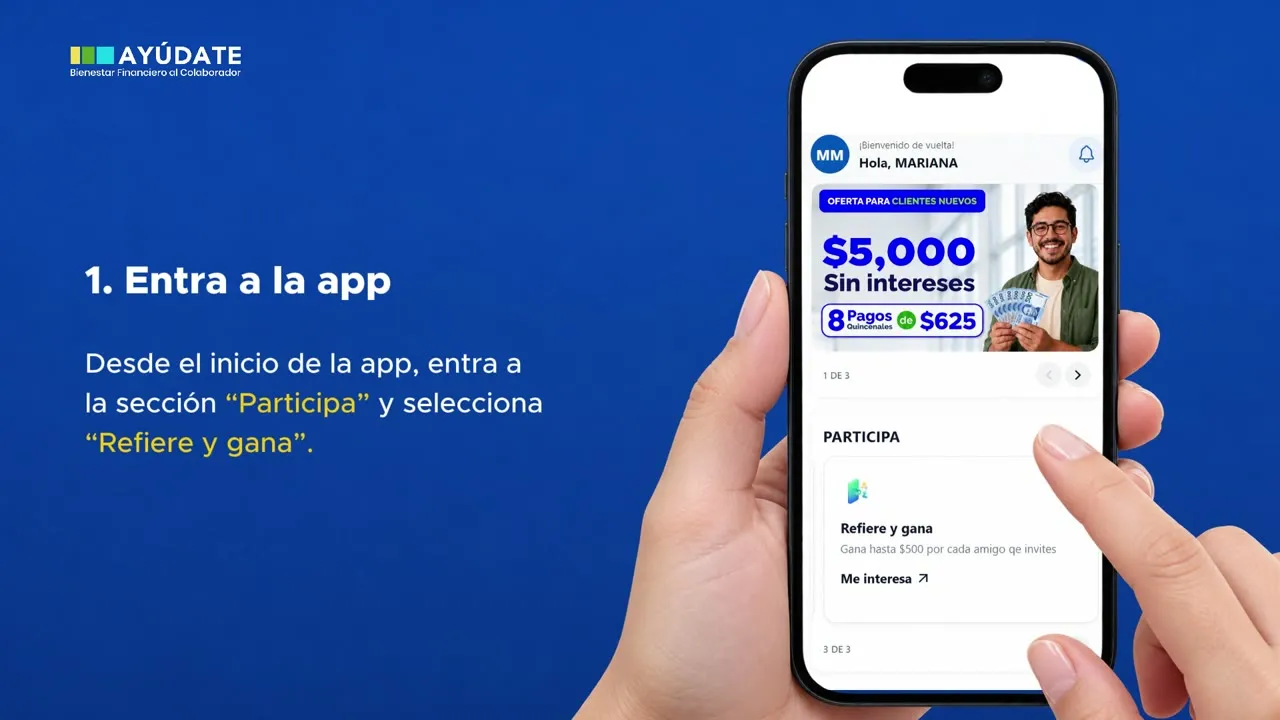 Pantalla del video tutorial: celular con la sección Participa de la app de Ayúdate y el paso 1, Entra a la app
